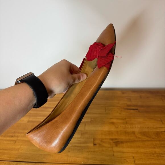 Isabel Marant Tan Leather Red Ribbon Tie Pointed Toe Flats Size 41 - Picture 6 of 6